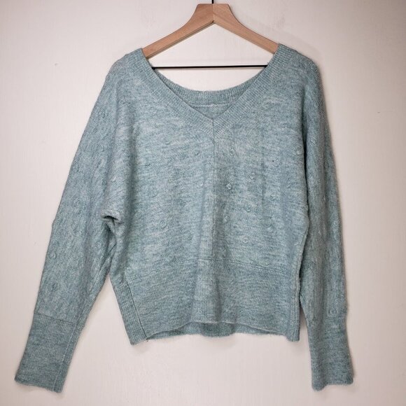 William Rast Dot Textured Dolman Sleeve V-Back Sweater L Aqua Blue - Picture 3 of 6